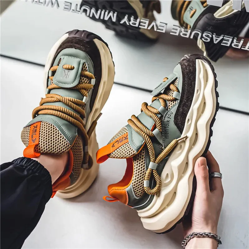 2024 Men's Green Chunky Platform Sneakers - Breathable Mesh Streetwear Sport Trainers, Fashion Casual Shoes