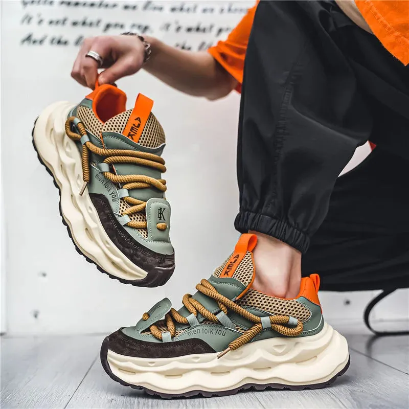 2024 Men's Green Chunky Platform Sneakers - Breathable Mesh Streetwear Sport Trainers, Fashion Casual Shoes