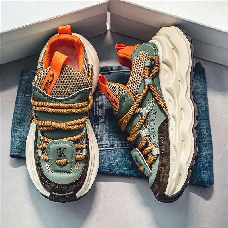 2024 Men's Green Chunky Platform Sneakers - Breathable Mesh Streetwear Sport Trainers, Fashion Casual Shoes