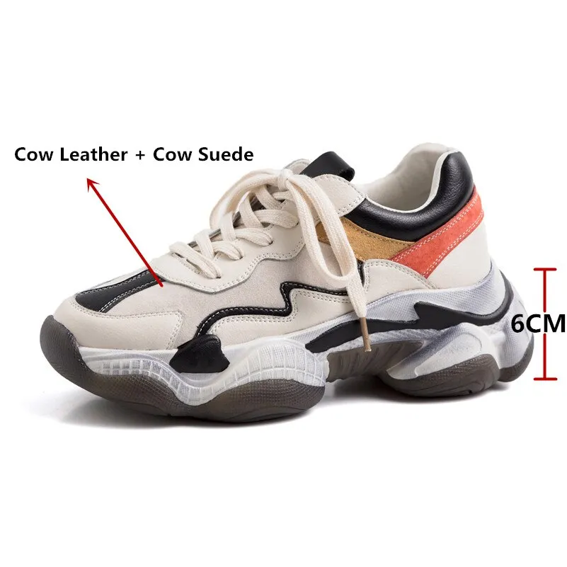 Corss-Tied Women Sneakers Cow Leather Shoes Woman Platform Chunky Sneakers Ladies Trainers Zapatillas Chunky Mujer