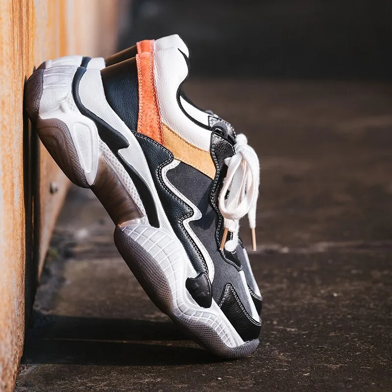 Corss-Tied Women Sneakers Cow Leather Shoes Woman Platform Chunky Sneakers Ladies Trainers Zapatillas Chunky Mujer