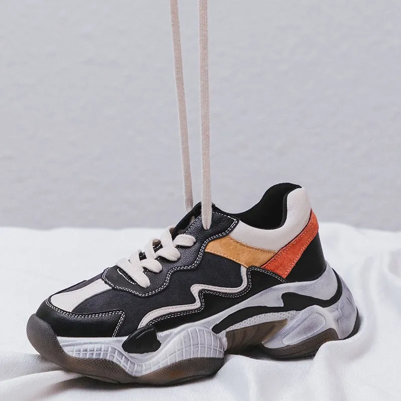 Corss-Tied Women Sneakers Cow Leather Shoes Woman Platform Chunky Sneakers Ladies Trainers Zapatillas Chunky Mujer