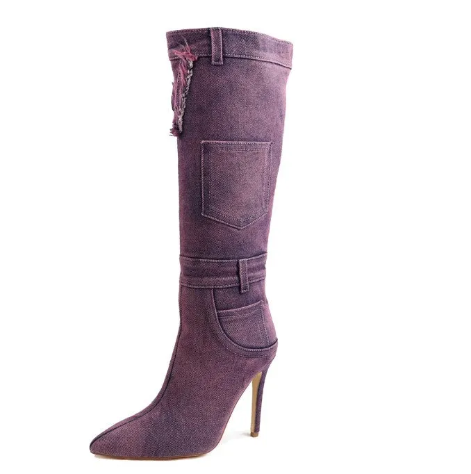 Denim Mid Calf Pointed Toe Boots Scandalous-15 Liliana