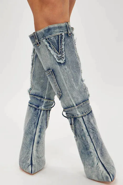 Denim Mid Calf Pointed Toe Boots Scandalous-15 Liliana