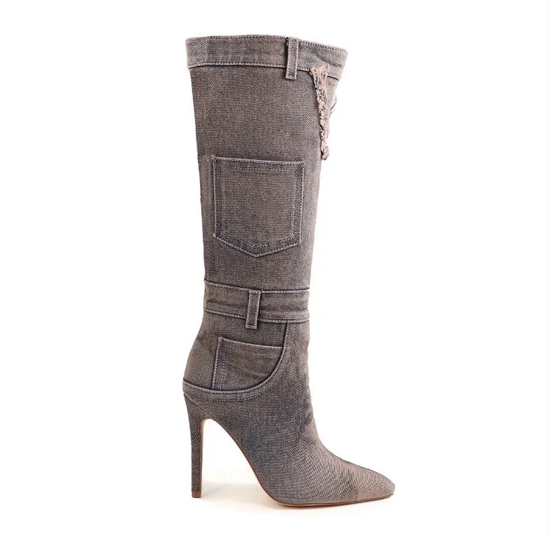 Denim Mid Calf Pointed Toe Boots Scandalous-15 Liliana