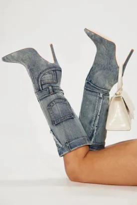 Denim Mid Calf Pointed Toe Boots Scandalous-15 Liliana