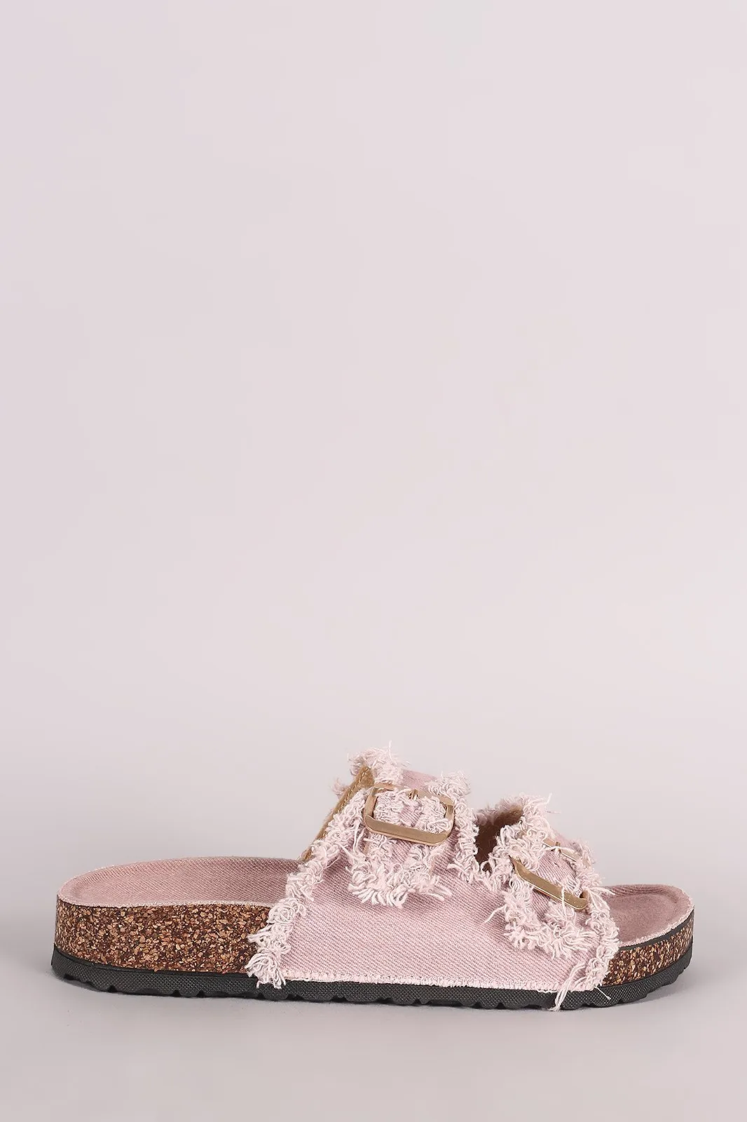 Frayed Denim Open Toe Buckled Cork Footbed Slide Sandal