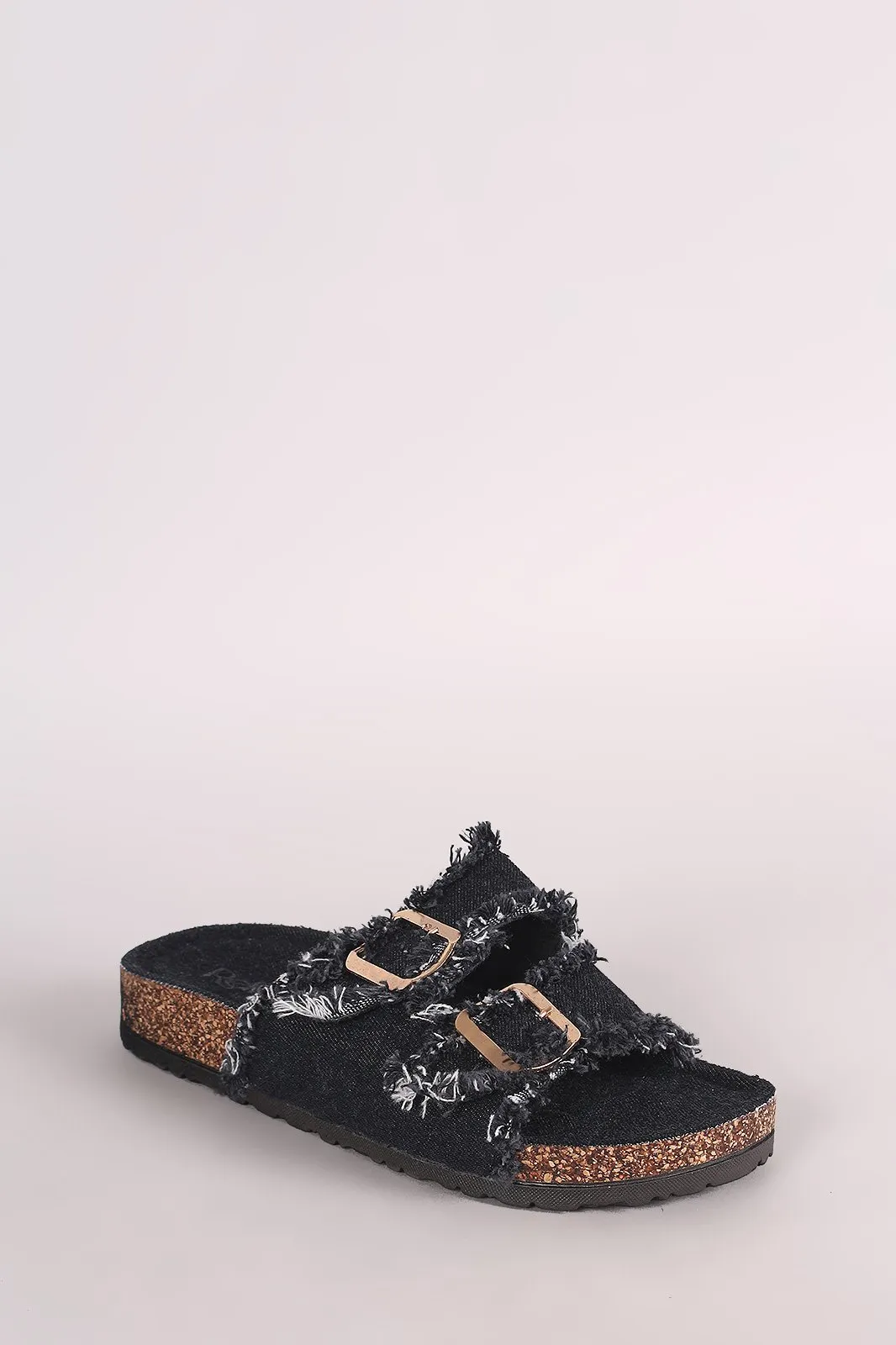 Frayed Denim Open Toe Buckled Cork Footbed Slide Sandal