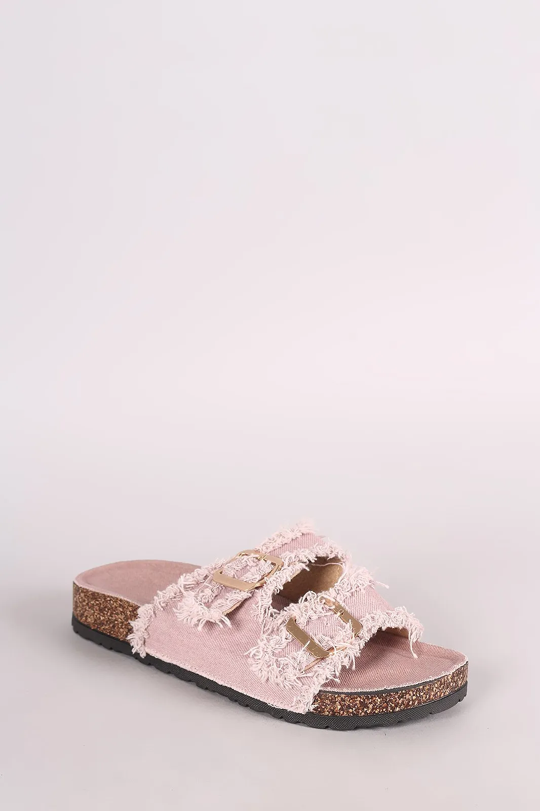 Frayed Denim Open Toe Buckled Cork Footbed Slide Sandal
