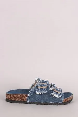 Frayed Denim Open Toe Buckled Cork Footbed Slide Sandal