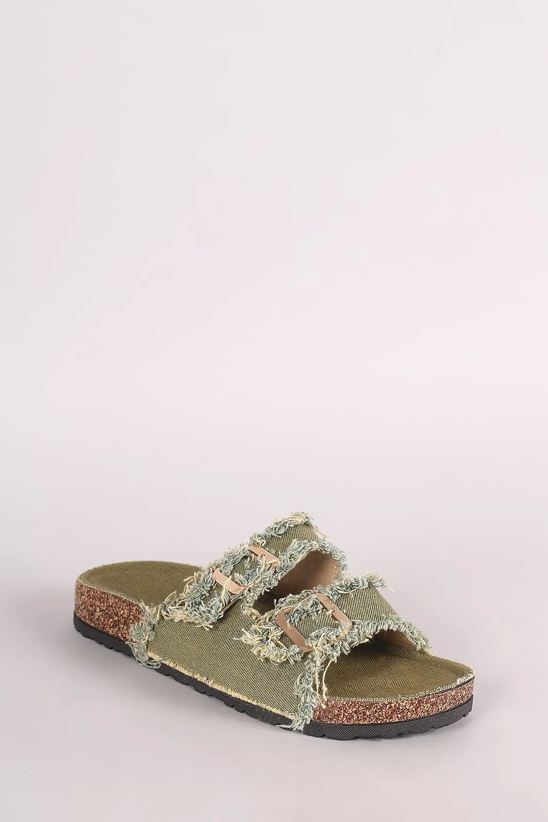 Frayed Denim Open Toe Buckled Cork Footbed Slide Sandal