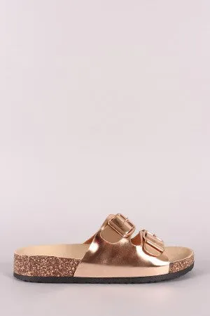 Metallic Patent Double Buckled Cork Footbed Slide Sandal