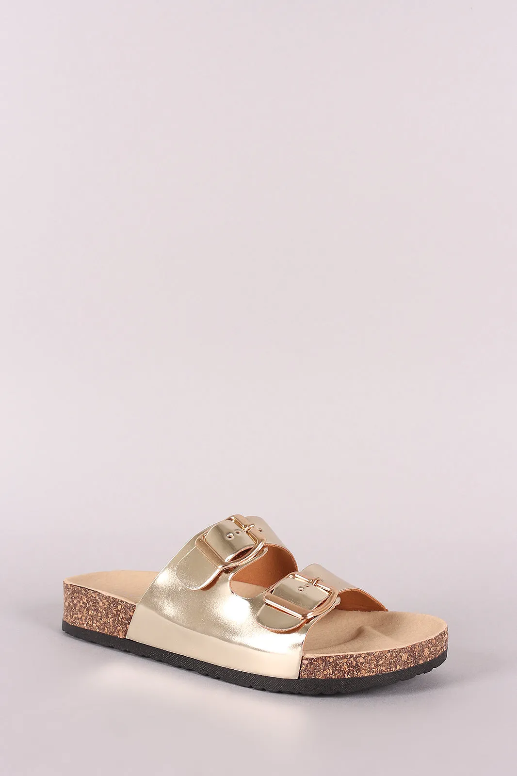 Metallic Patent Double Buckled Cork Footbed Slide Sandal