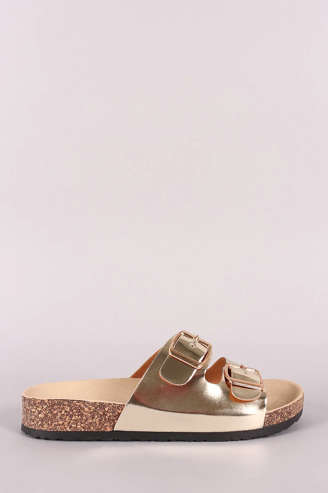 Metallic Patent Double Buckled Cork Footbed Slide Sandal