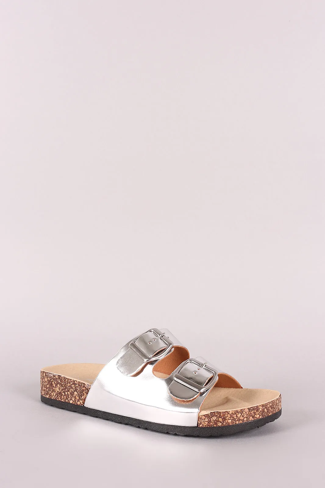 Metallic Patent Double Buckled Cork Footbed Slide Sandal