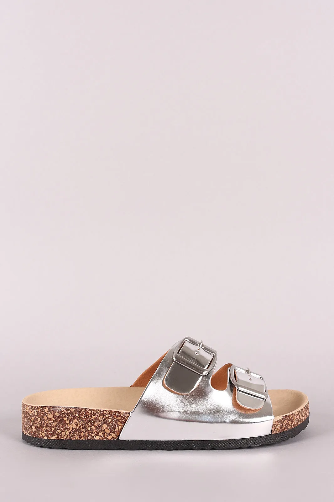 Metallic Patent Double Buckled Cork Footbed Slide Sandal