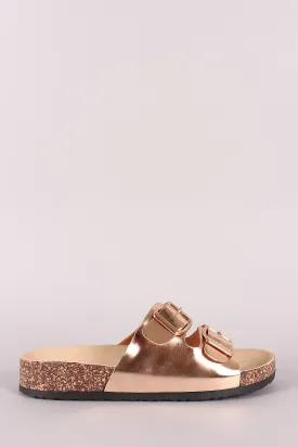 Metallic Patent Double Buckled Cork Footbed Slide Sandal