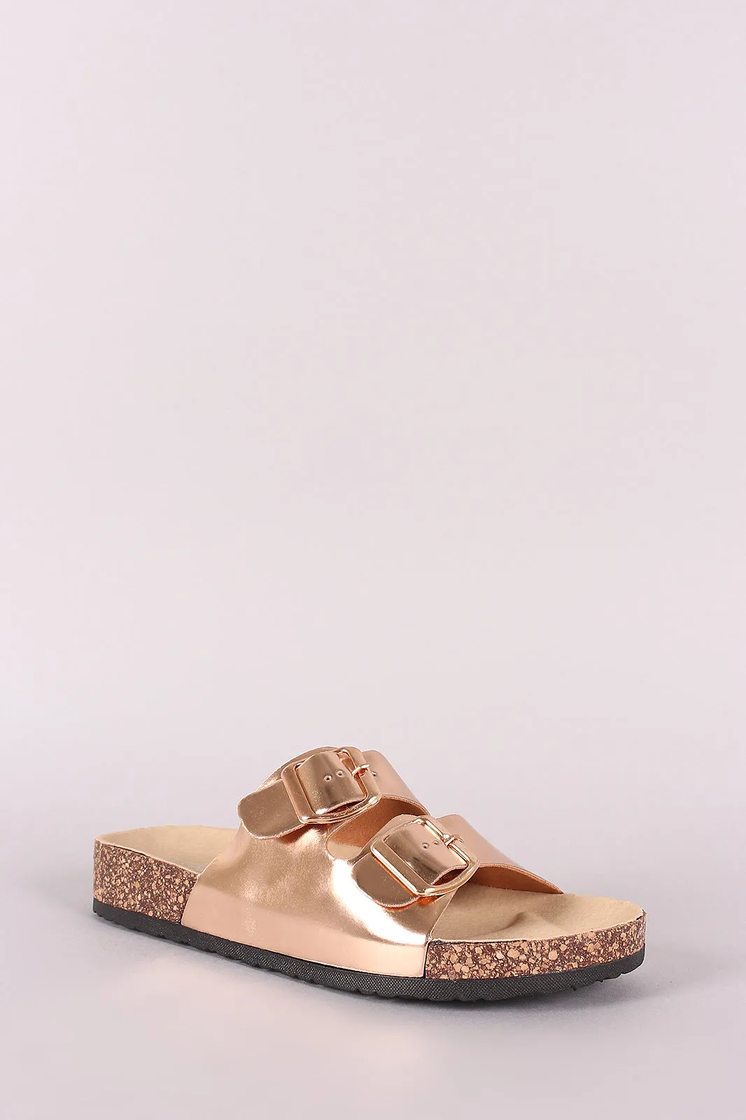 Metallic Patent Double Buckled Cork Footbed Slide Sandal