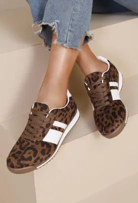 ROUND TOE SIDE LINE STRIPPED DETAILED GUM SOLE TRAINERS IN LEOPARD