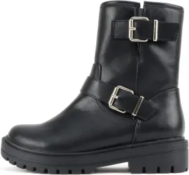 Soda Kicker ~ Women Moto Bootie Round Toe Buckle Straps Mid-Calf with Side Zipper