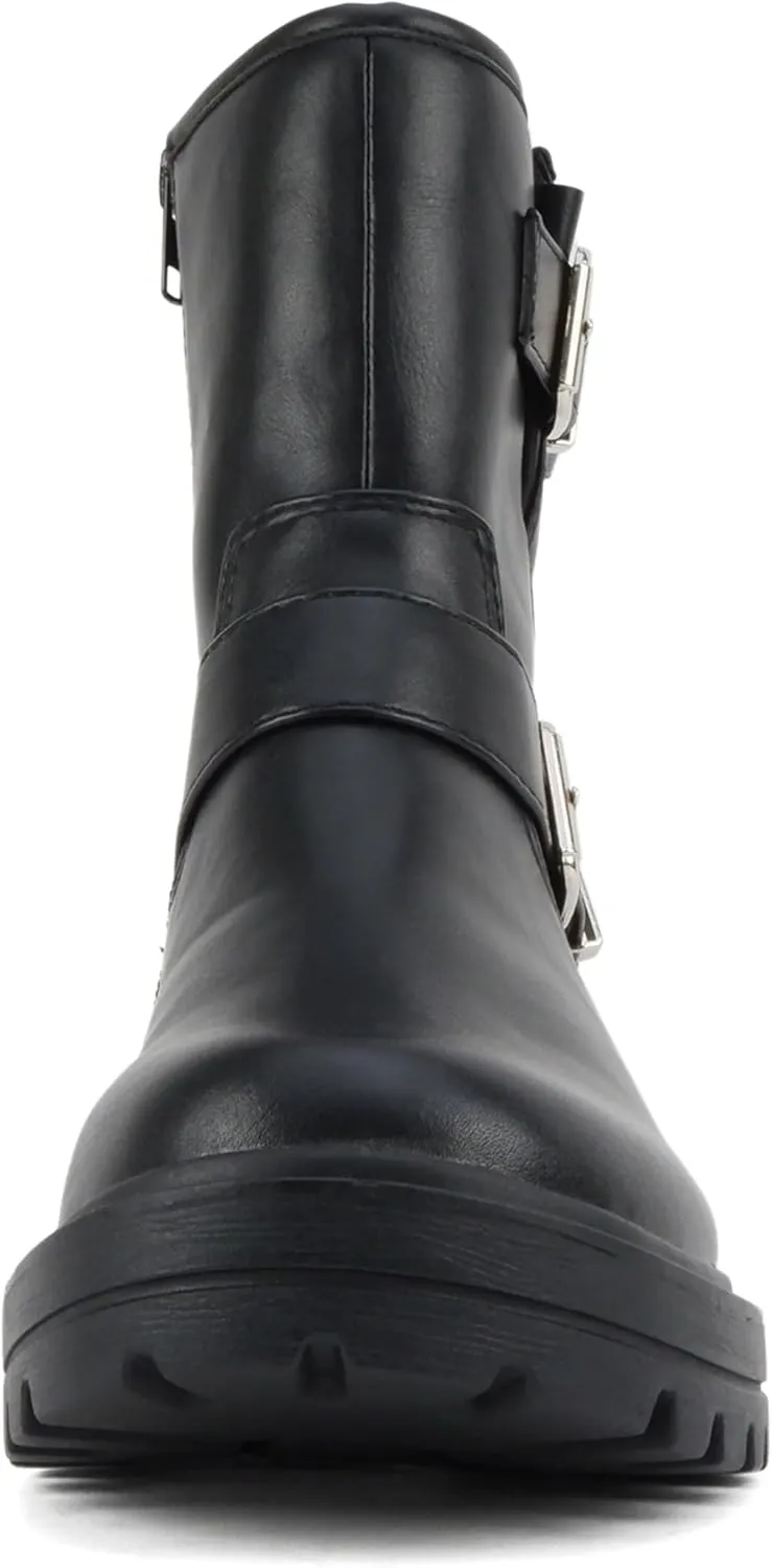 Soda Kicker ~ Women Moto Bootie Round Toe Buckle Straps Mid-Calf with Side Zipper