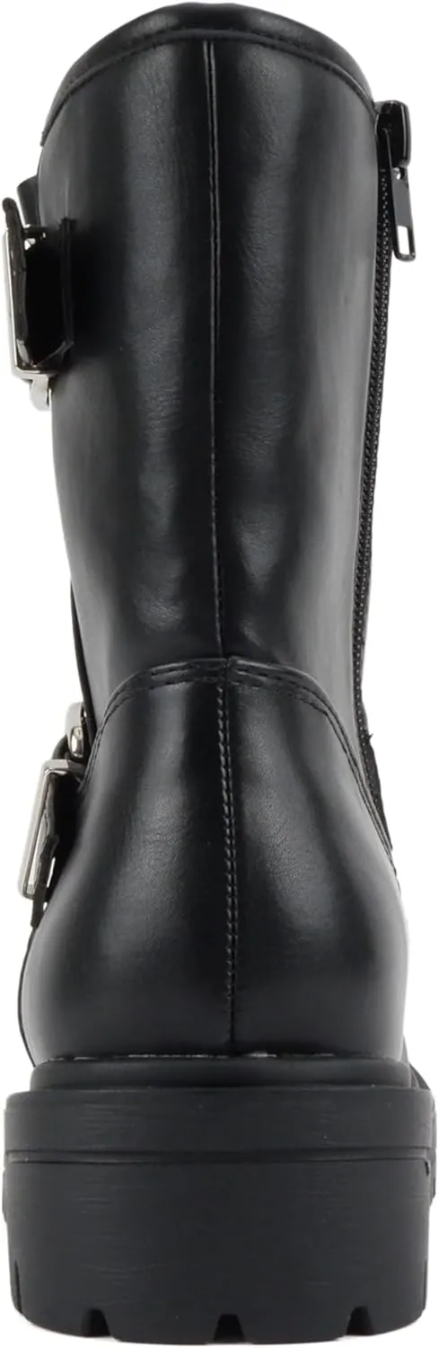 Soda Kicker ~ Women Moto Bootie Round Toe Buckle Straps Mid-Calf with Side Zipper