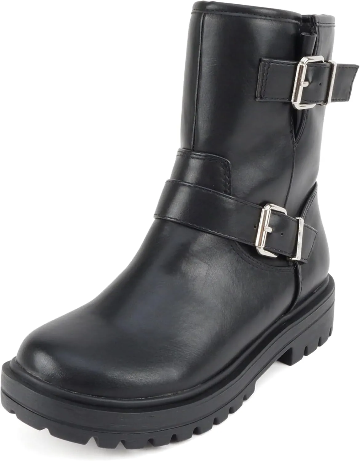 Soda Kicker ~ Women Moto Bootie Round Toe Buckle Straps Mid-Calf with Side Zipper
