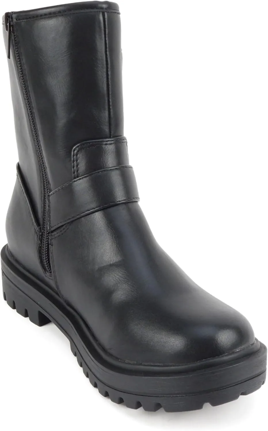 Soda Kicker ~ Women Moto Bootie Round Toe Buckle Straps Mid-Calf with Side Zipper