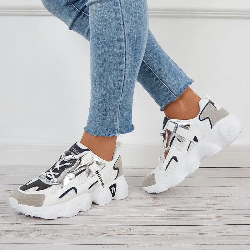 Sohiwoo  Women Mesh Chunky Sneakers Breathable Knit Lace Up Daily Shoes