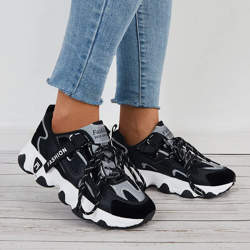 Sohiwoo  Women Mesh Chunky Sneakers Breathable Knit Lace Up Daily Shoes