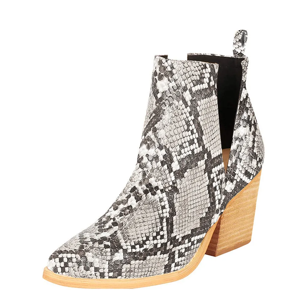 Women pointed toe chunky heel snakeskin embossed hollow ankle boots
