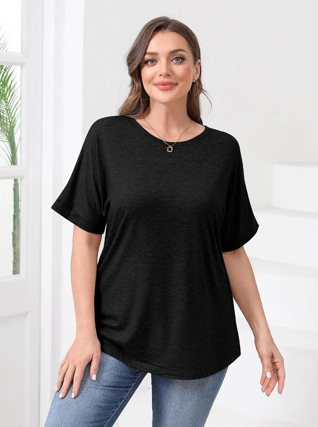 Womens Plus Size Oversized Tshirt Dolman Short Sleeve Drop Shoulder Summer Tops Casual Loose Basic Tees XL-5XL